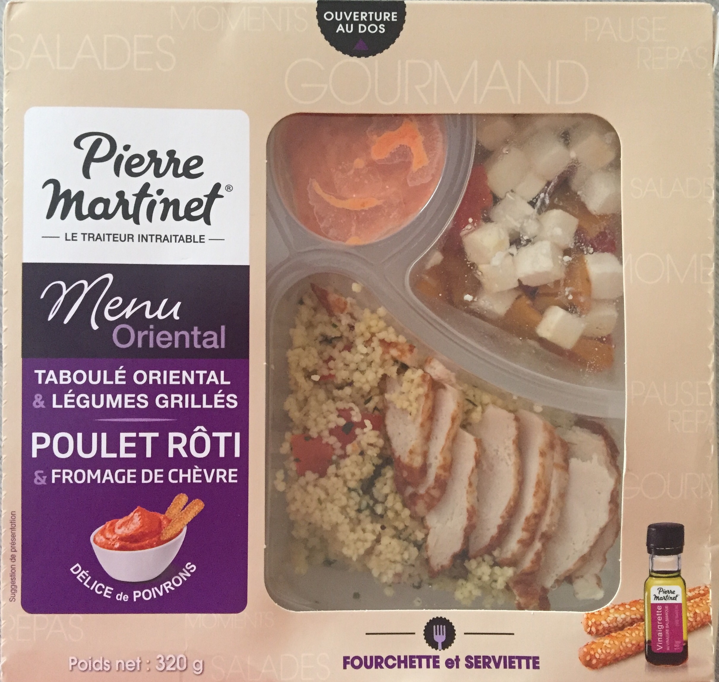 Les tests de TheMouse: le menu oriental Pierre Martinet: taboulé oriental, légumes grillés, poulet rôti, fromage de chèvre et délice de poivrons